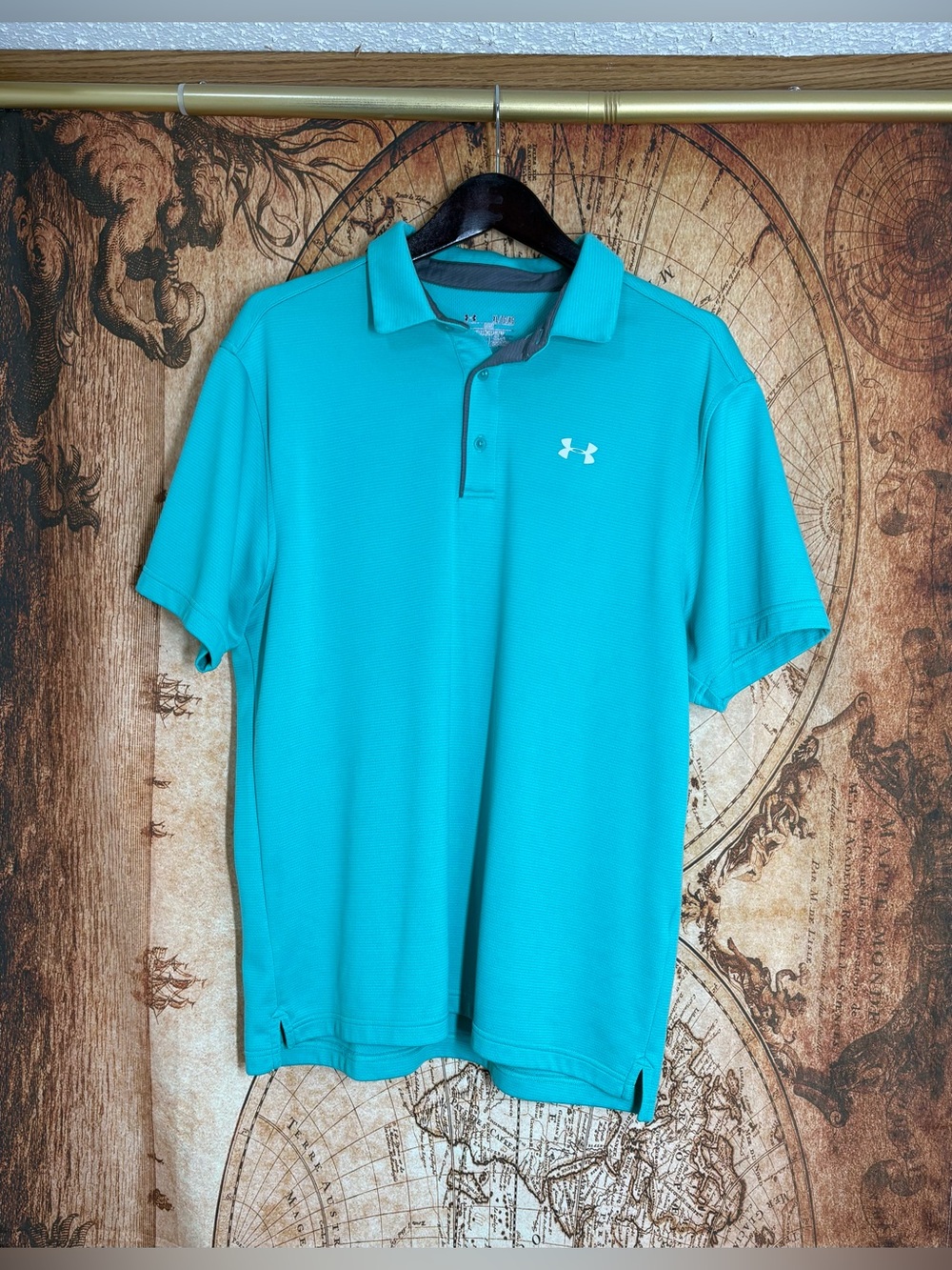 MEN'S XL GOLF POLO SHIRT UNDER ARMOUR HEATGEAR TEAL/ GRAY LOOSE FIT STAY DRYTECH